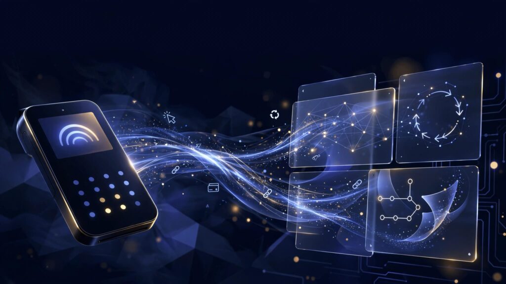 Glowing payment terminal beside affiliate dashboard panels linked by indigo data streams.