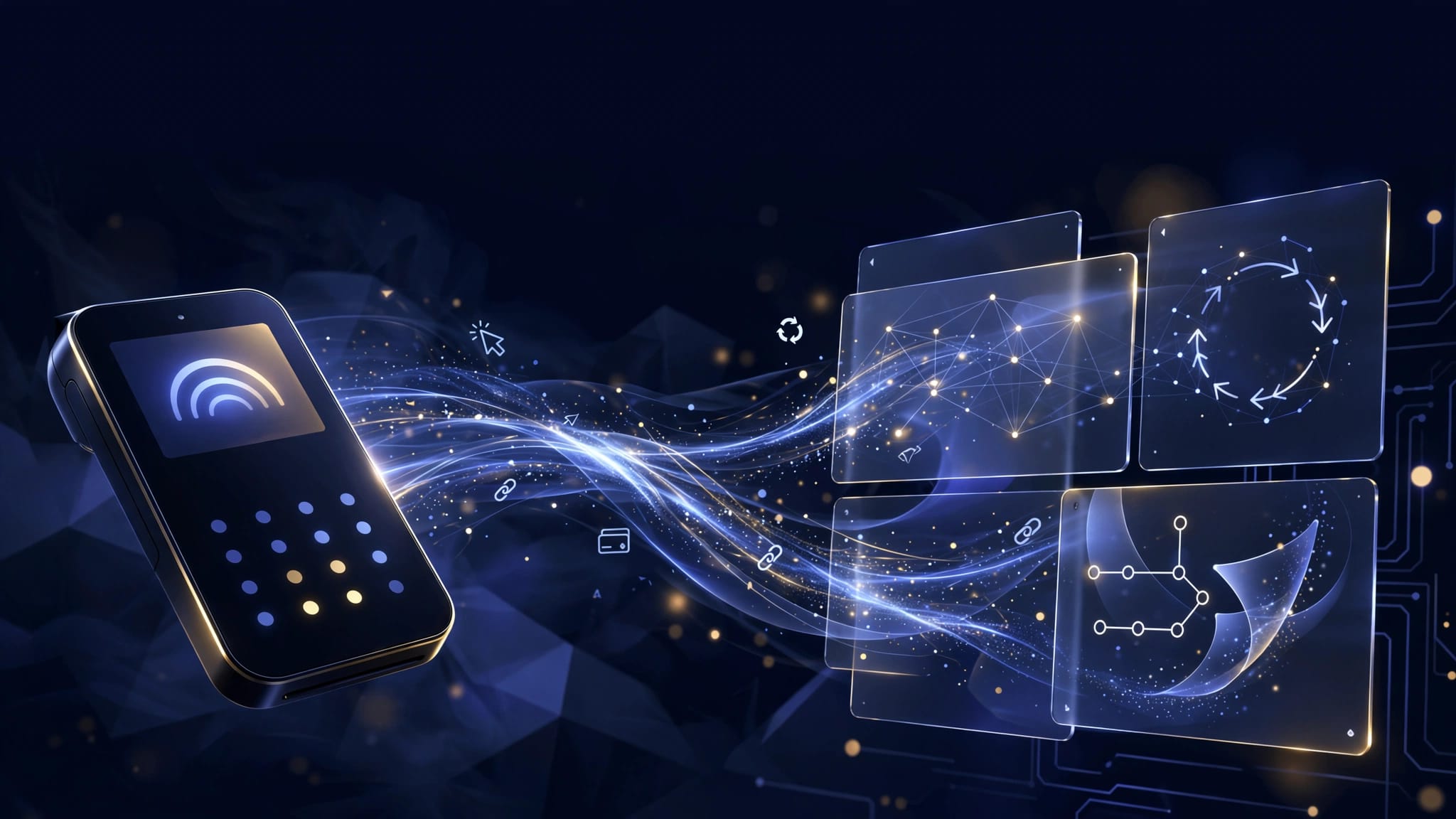 Glowing payment terminal beside affiliate dashboard panels linked by indigo data streams.