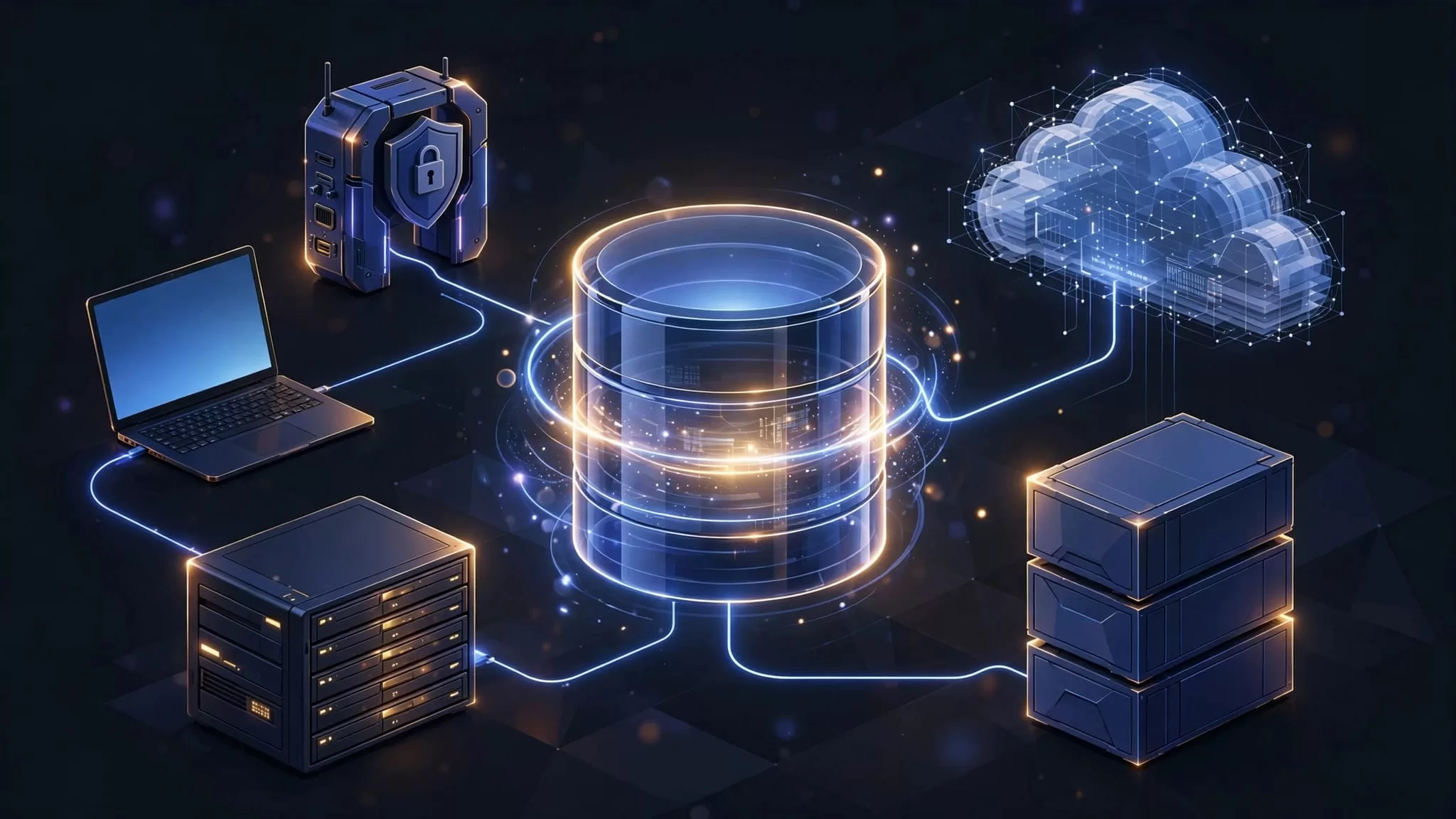 Glowing database connected to containers, a laptop, backup storage, and cloud infrastructure.