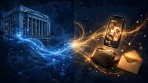 Split-screen image of a bank transfer service and a mobile cash pickup service.