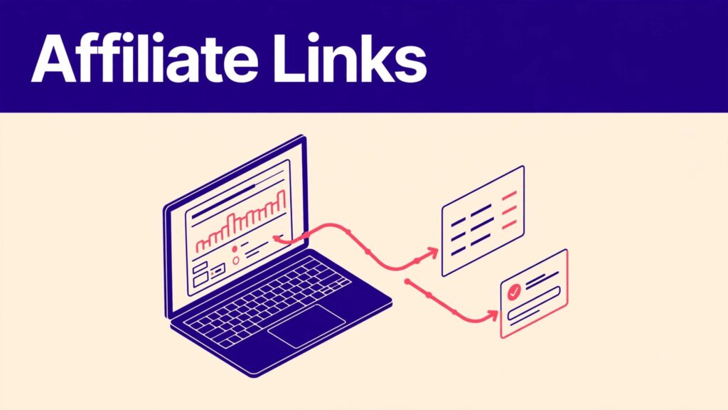 Laptop showing an affiliate dashboard with a referral path leading to checkout.