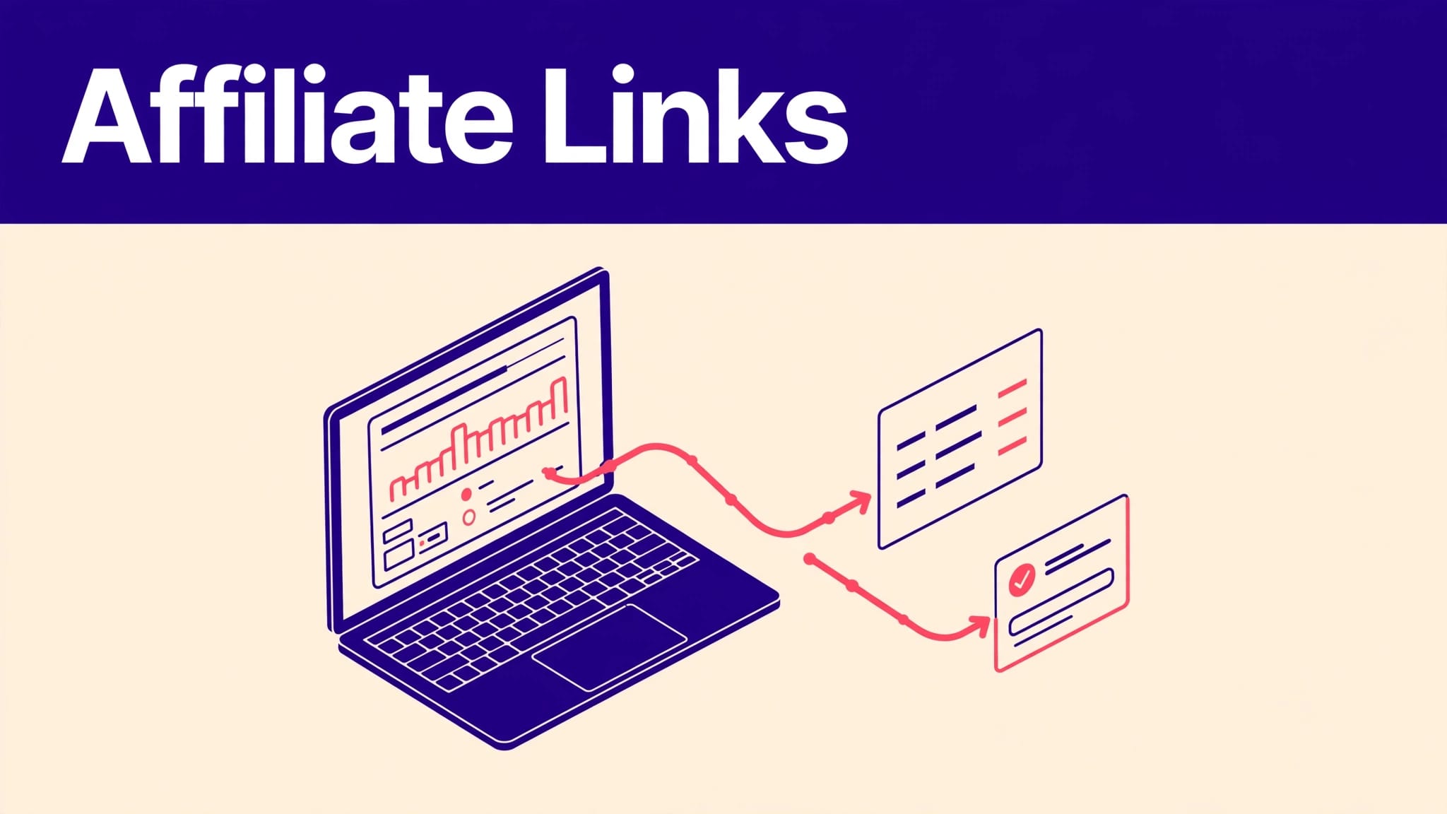 Laptop showing an affiliate dashboard with a referral path leading to checkout.