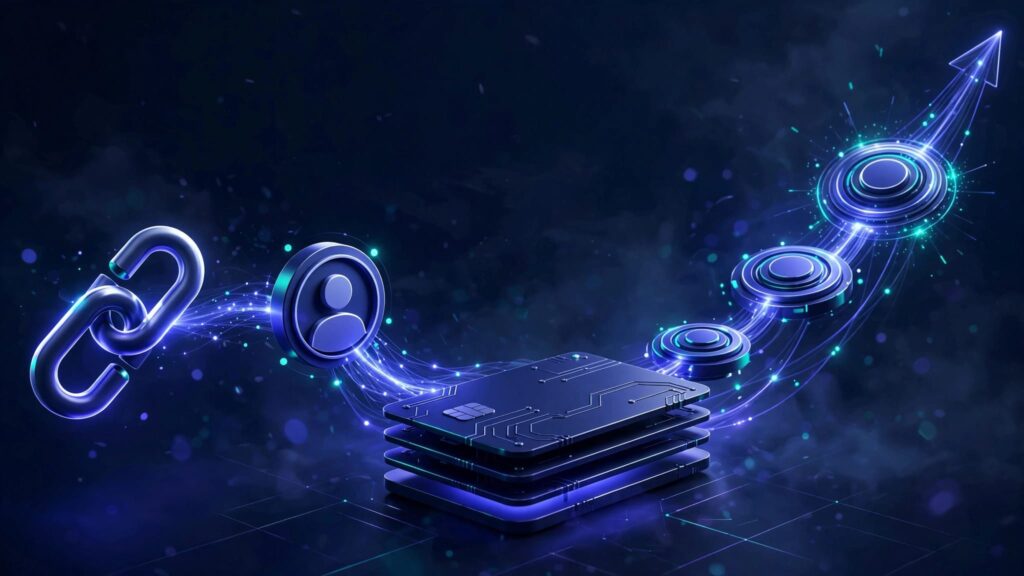 Glowing indigo pathway connecting a referral icon, customer profile, and layered payment cards.