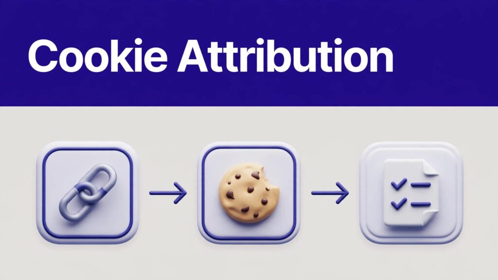 Indigo banner above a browser diagram linking a referral link, cookie, and checkout record.