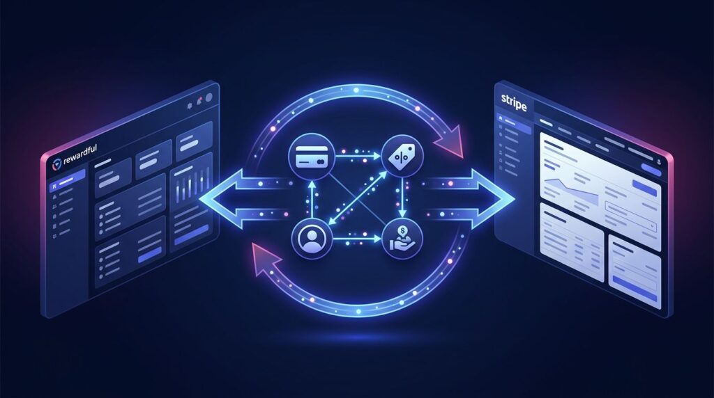 Two dashboards exchange data around payment, coupon, customer, and affiliate icons.