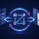 Two dashboards exchange data around payment, coupon, customer, and affiliate icons.