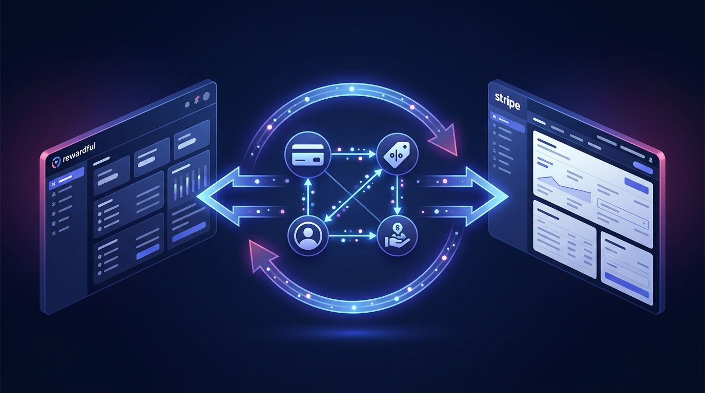 Two dashboards exchange data around payment, coupon, customer, and affiliate icons.