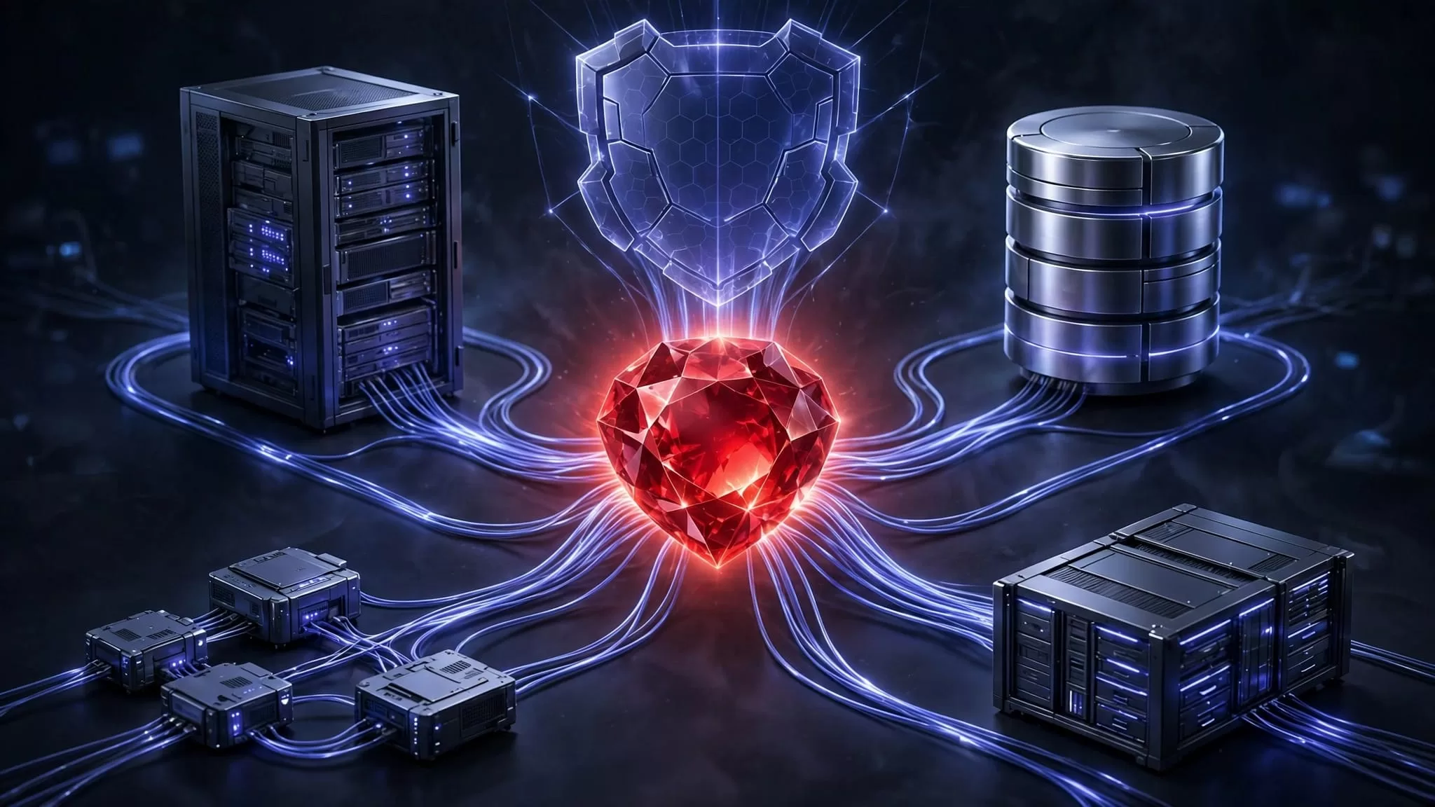 A glowing ruby core connects servers, a database, workers, backups, and a security shield.