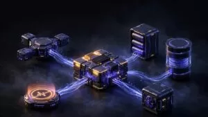 A glowing server core connected to storage, security, monitoring, and traffic systems.