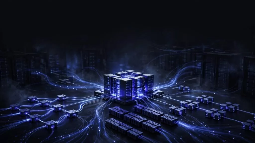 A glowing database cluster connects to storage, replicas, and network paths.