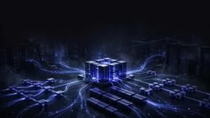 A glowing database cluster connects to storage, replicas, and network paths.