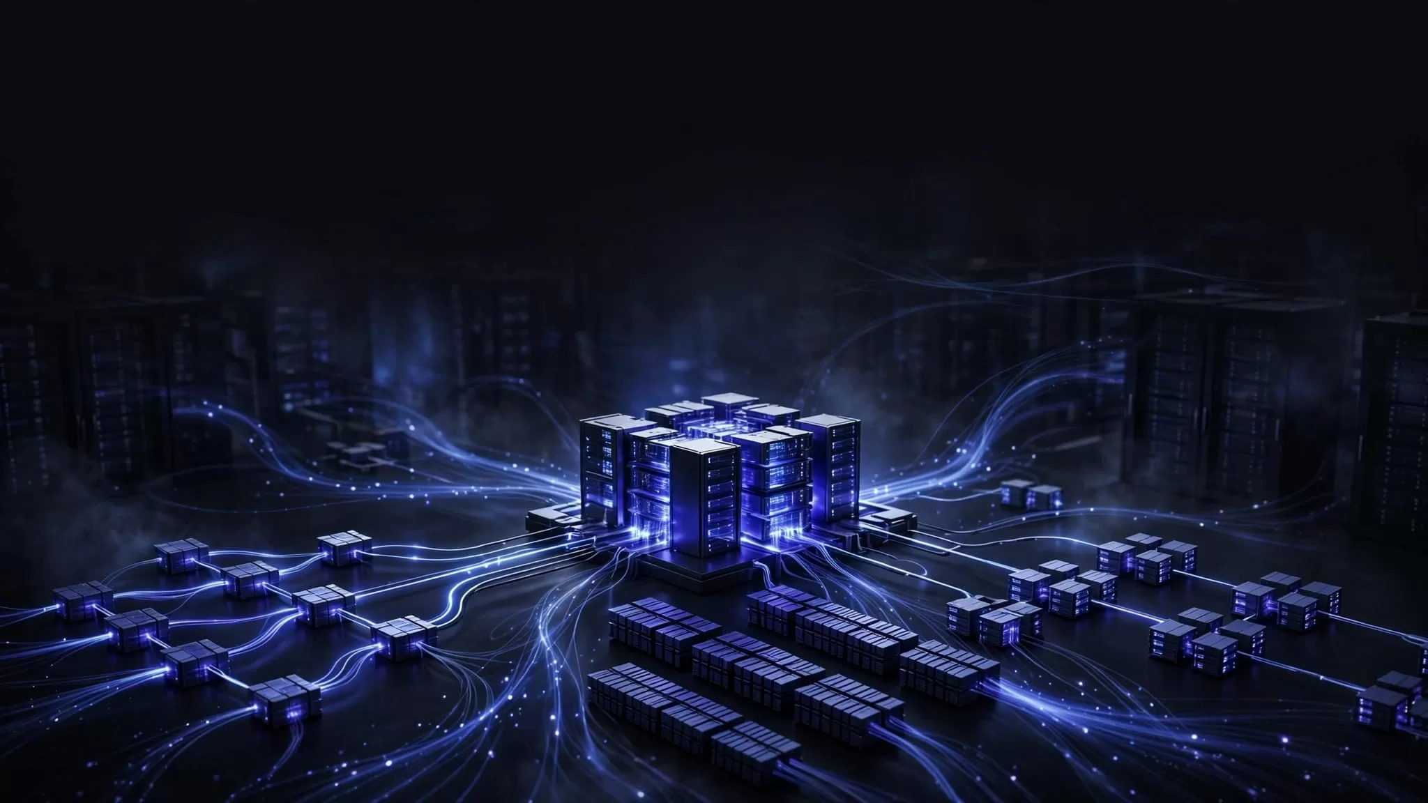 A glowing database cluster connects to storage, replicas, and network paths.