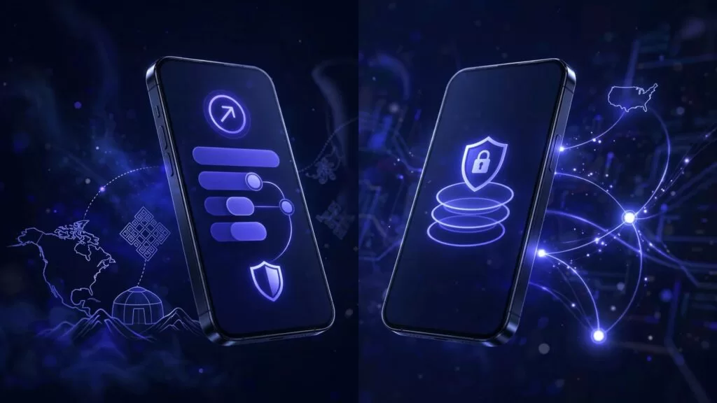 Two smartphones show money transfers across glowing international route lines.
