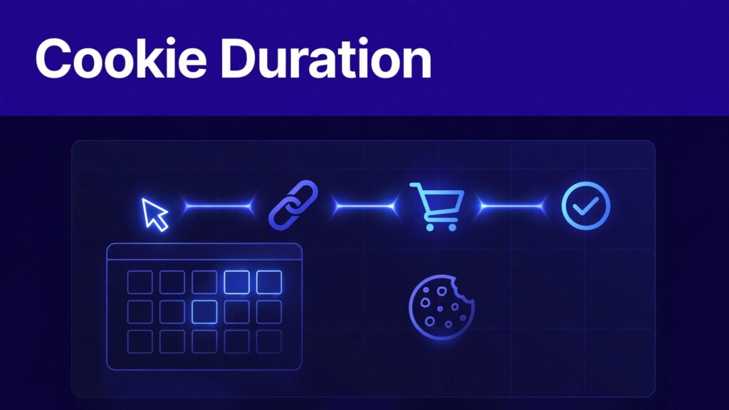 Analytics dashboard showing a referral timeline, calendar window, and cookie icon beneath a blue header.