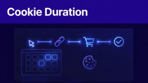 Analytics dashboard showing a referral timeline, calendar window, and cookie icon beneath a blue header.