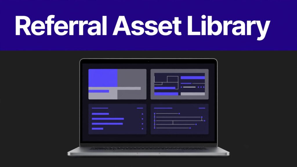 Laptop showing a referral dashboard with banners, screenshots, guidance, and tracked links.