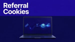 Laptop showing a referral path with a glowing cookie token.