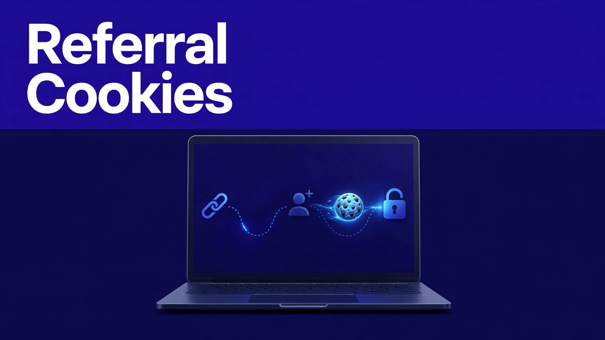 Laptop showing a referral path with a glowing cookie token.