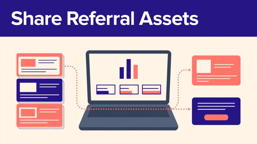 Workspace with a laptop, referral dashboard, campaign assets, and an indigo “Share Referral Assets” header.