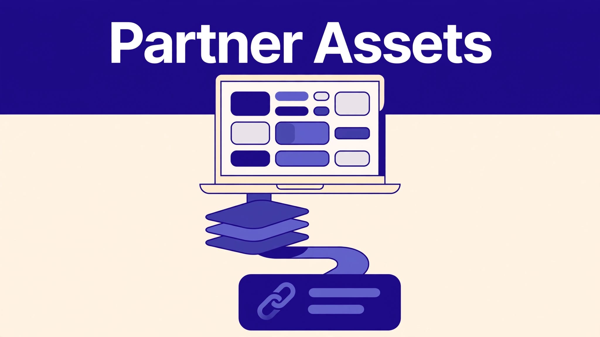 Laptop showing organized partner assets flowing into a referral link card.