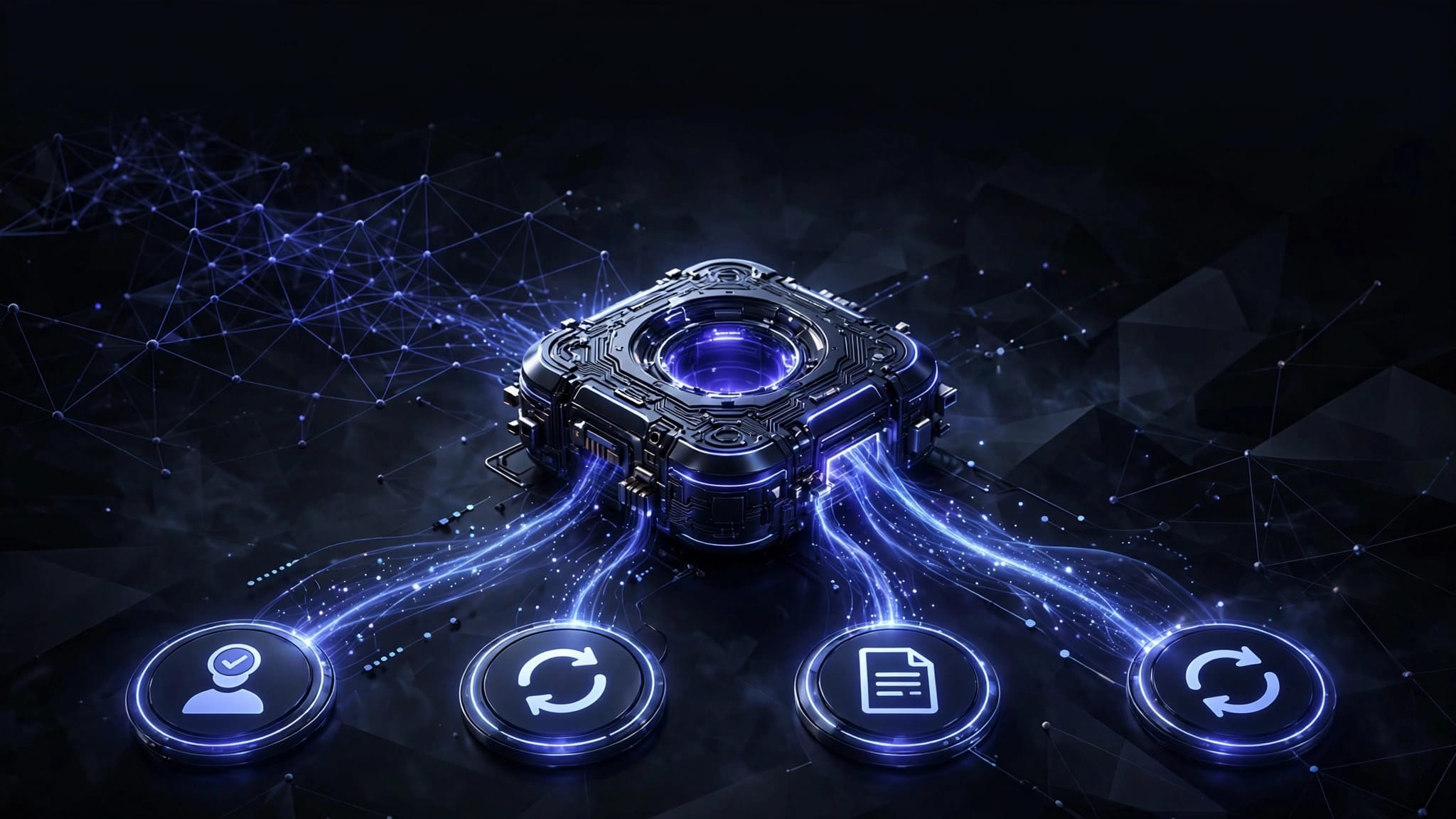 Glowing payment connections link customer, subscription, invoice, and refund nodes.