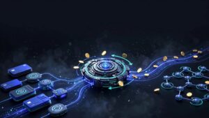 Glowing payment nodes connect an affiliate network through a central automation hub.