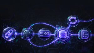 Glowing referral links connect checkout, subscriptions, invoices, and a customer record.