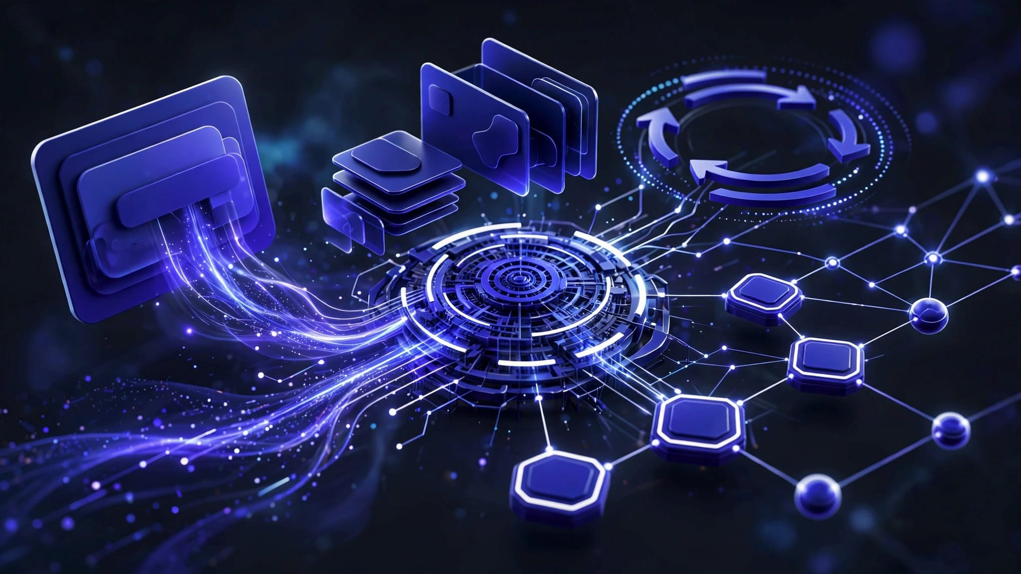 Glowing payment streams connect checkout, subscriptions, and affiliate commission nodes.