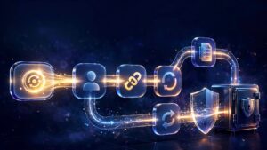 Glowing payment nodes show a reversed stream diverted before reaching a secure payout vault.