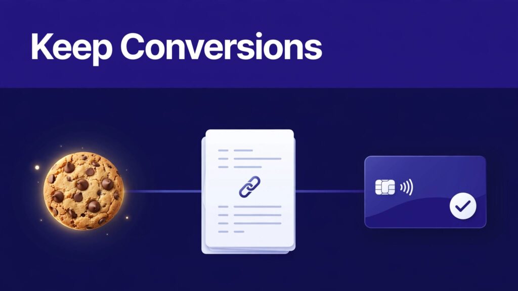 A referral cookie connects through tracking to an attribution record and completed payment.