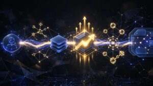 Glowing payment connections link a customer profile, upgrade path, and affiliate payout.