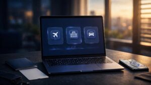Laptop with travel cards, passport, boarding pass, and smartphone map.