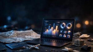 Laptop with glowing travel charts beside a map, passport, airplane, and hotel symbols.