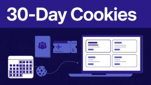 Laptop with travel booking results, passport, ticket, calendar, and cookie icon.