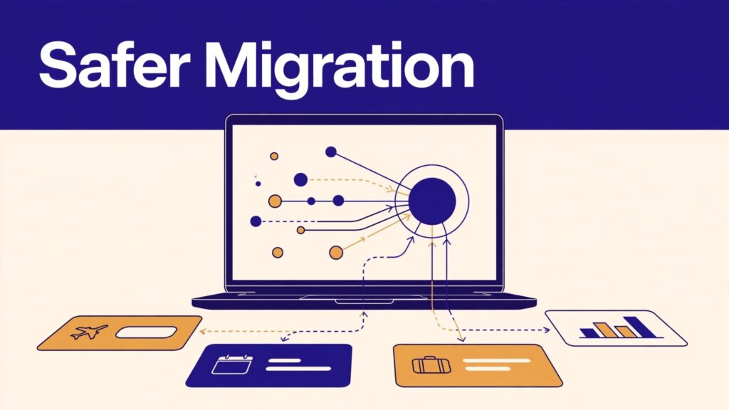 Laptop showing travel booking cards connected through a centralized affiliate migration flow.