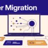Laptop showing travel booking cards connected through a centralized affiliate migration flow.