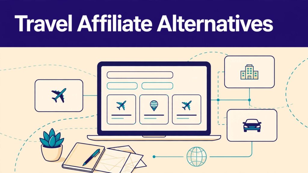 Laptop showing travel bookings beneath a Travel Affiliate Alternatives headline.