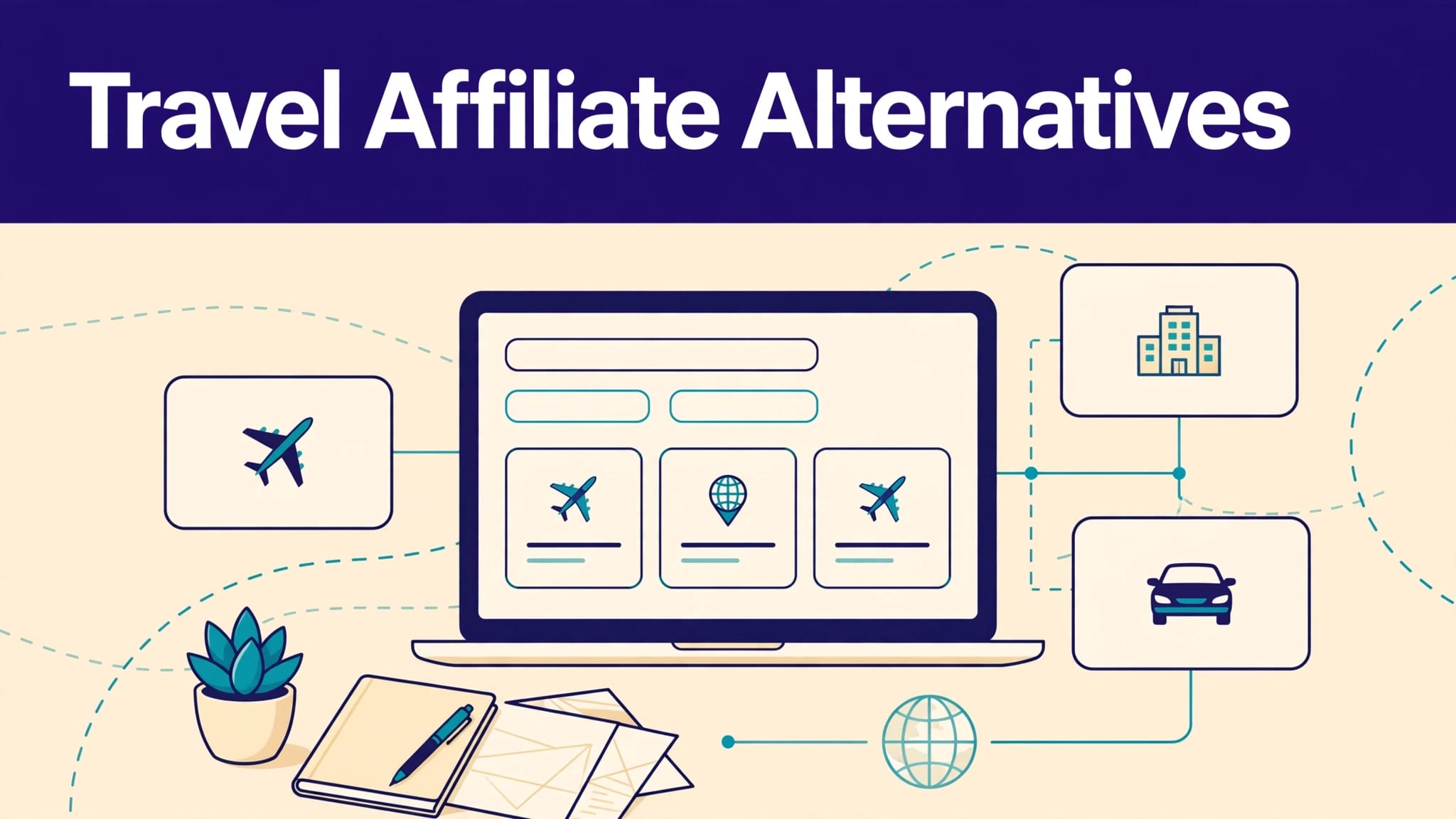 Laptop showing travel bookings beneath a Travel Affiliate Alternatives headline.