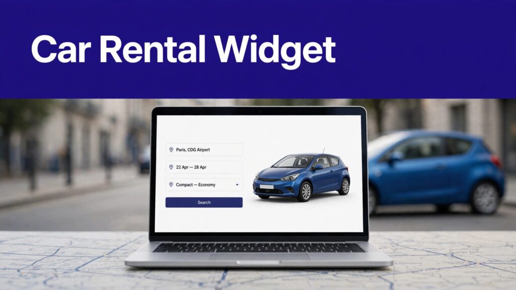 Laptop showing a car rental booking form with a map and parked car.