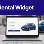 Laptop showing a car rental booking form with a map and parked car.