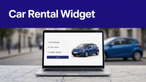 Laptop showing a car rental booking form with a map and parked car.