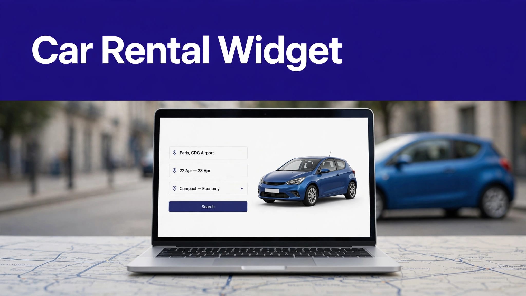 Laptop showing a car rental booking form with a map and parked car.