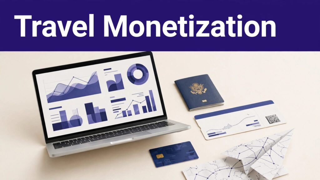 Laptop with travel analytics beside a passport, boarding pass, hotel key card, and route map.
