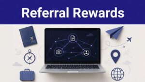 Laptop showing a travel affiliate dashboard with connected referral network nodes.