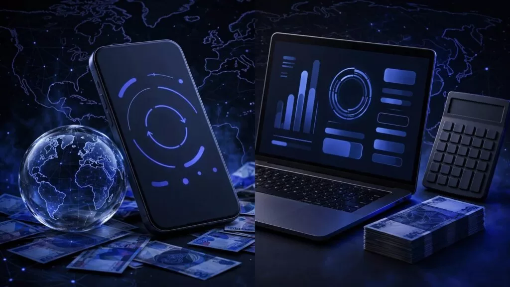 A smartphone and globe sit opposite a laptop, calculator, and stacked banknotes.