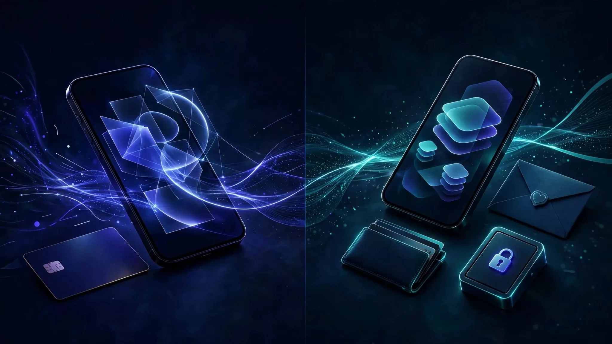 Two smartphones and money transfer symbols separated into contrasting left and right panels.