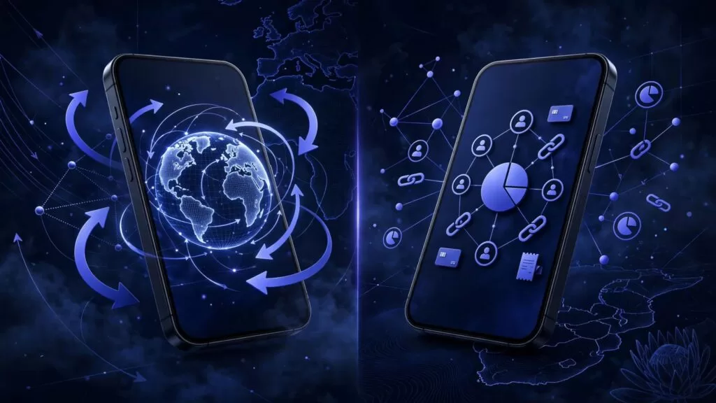 Two smartphones compare international transfers and connected payments against a dark world map.