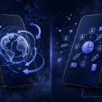 Two smartphones compare international transfers and connected payments against a dark world map.