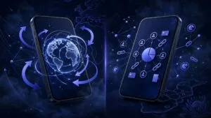 Two smartphones compare international transfers and connected payments against a dark world map.