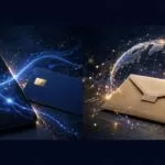 A smartphone and bank card contrast with a cash pickup envelope at a transfer counter.
